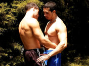 Fucking session in the forest! Muscled sportsmen shooting their load!     