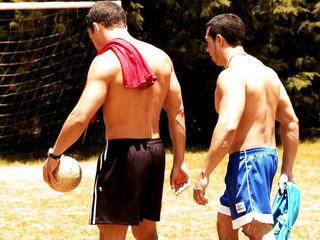 Fucking session in the forest! Muscled sportsmen shooting their load!     